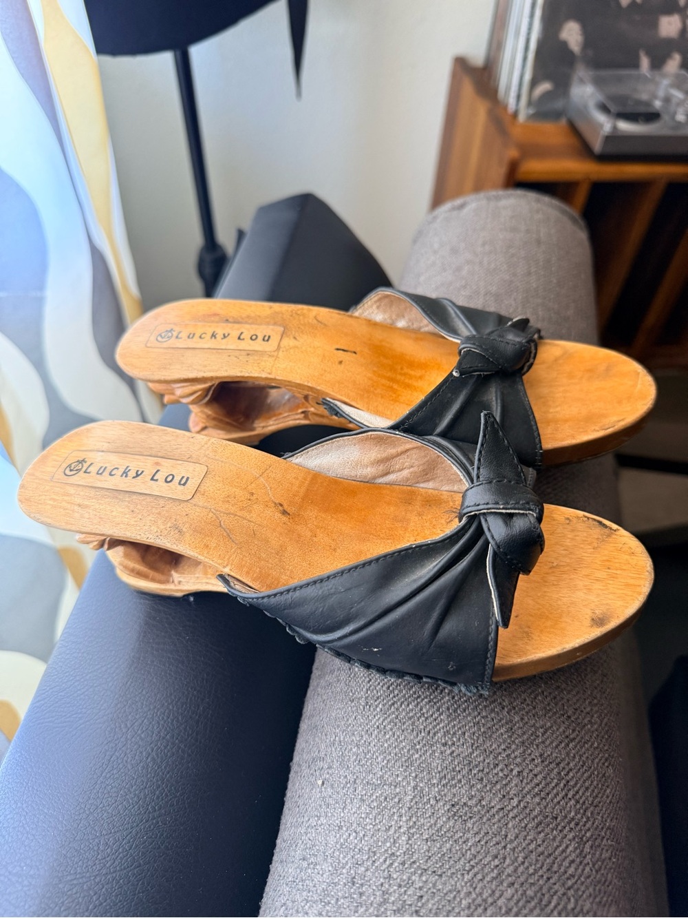 Lucky Lou Shoes Black Knotted Leather - Wooden Slide Mules